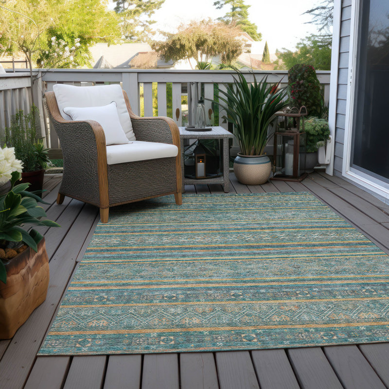 Machine Washable Indoor/Outdoor Claudian ACN1644 Teal Rug, Rectangle 5' x 7'6"