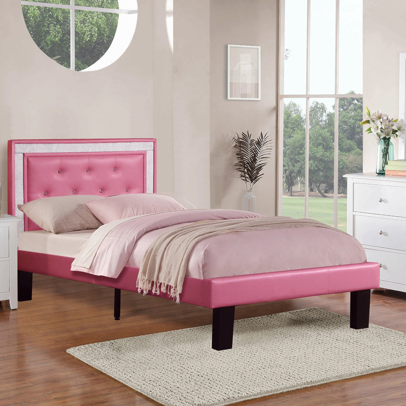 Lit moderne en similicuir rose avec pieds en bois capitonné, Lit simple