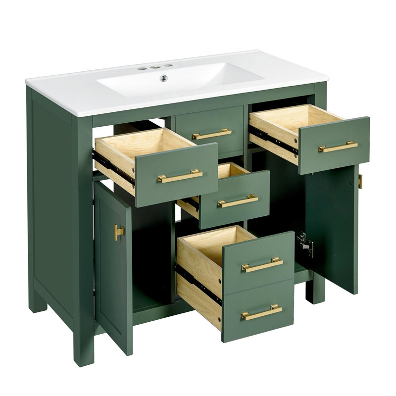 Meuble-lavabo de 36 po avec lavabo en céramique et espace de rangement polyvalent, Vert