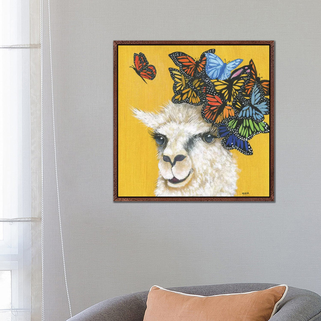 Lama und Schmetterlinge von Tava Studios - Galerie-verpackte Leinwand Giclée auf Leinwand