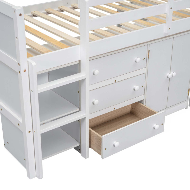 Lit mezzanine simple simple avec bureau coulissant, tiroirs, armoire et tablettes