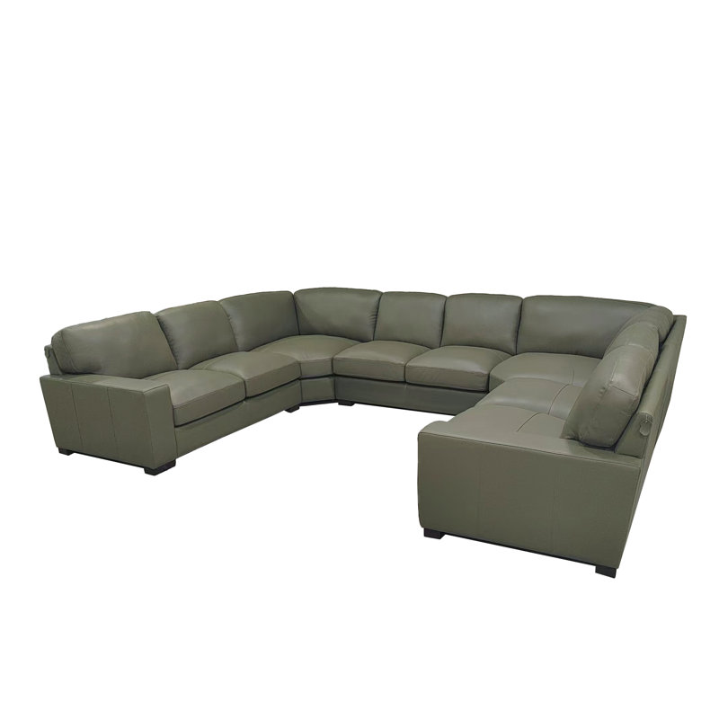 Oversized U-Shaped Brown Geniune Leather Match Sectional Sofa With Deep Seating & Modern Track Arms