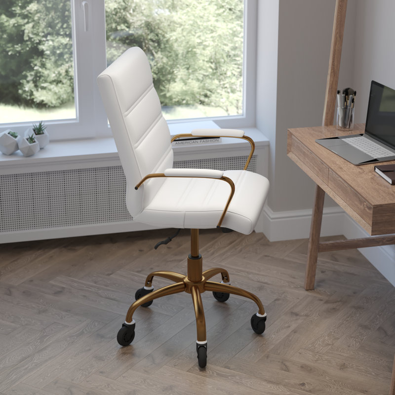 Mid-Back Executive Swivel Office Chair with Arms, and Transparent Roller Wheels, Gold, White
