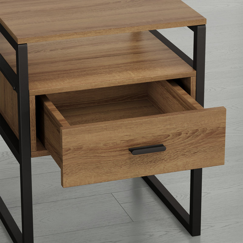Tables de chevet industrielles en bois 1 tiroir avec cadre en fer (ensemble de 2), Noyer