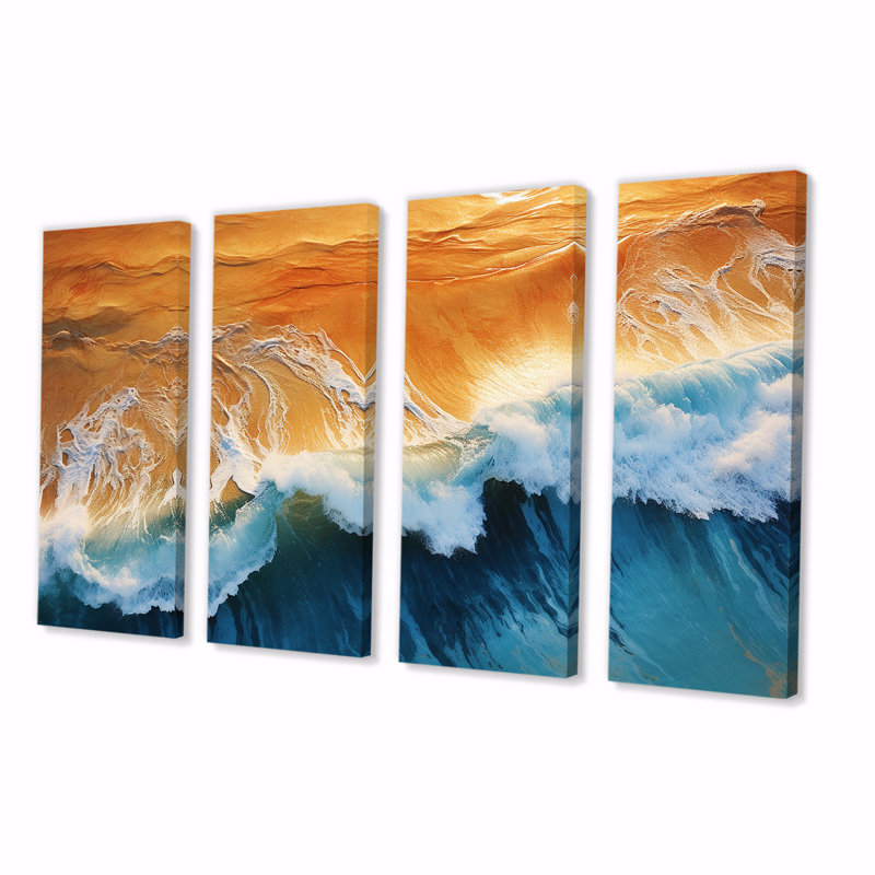 Bleu et orange, vue aérienne de plage rétro IV - Plage côtière, 4 pièces d'art mural pour le salon, H 32 po x l 64 po