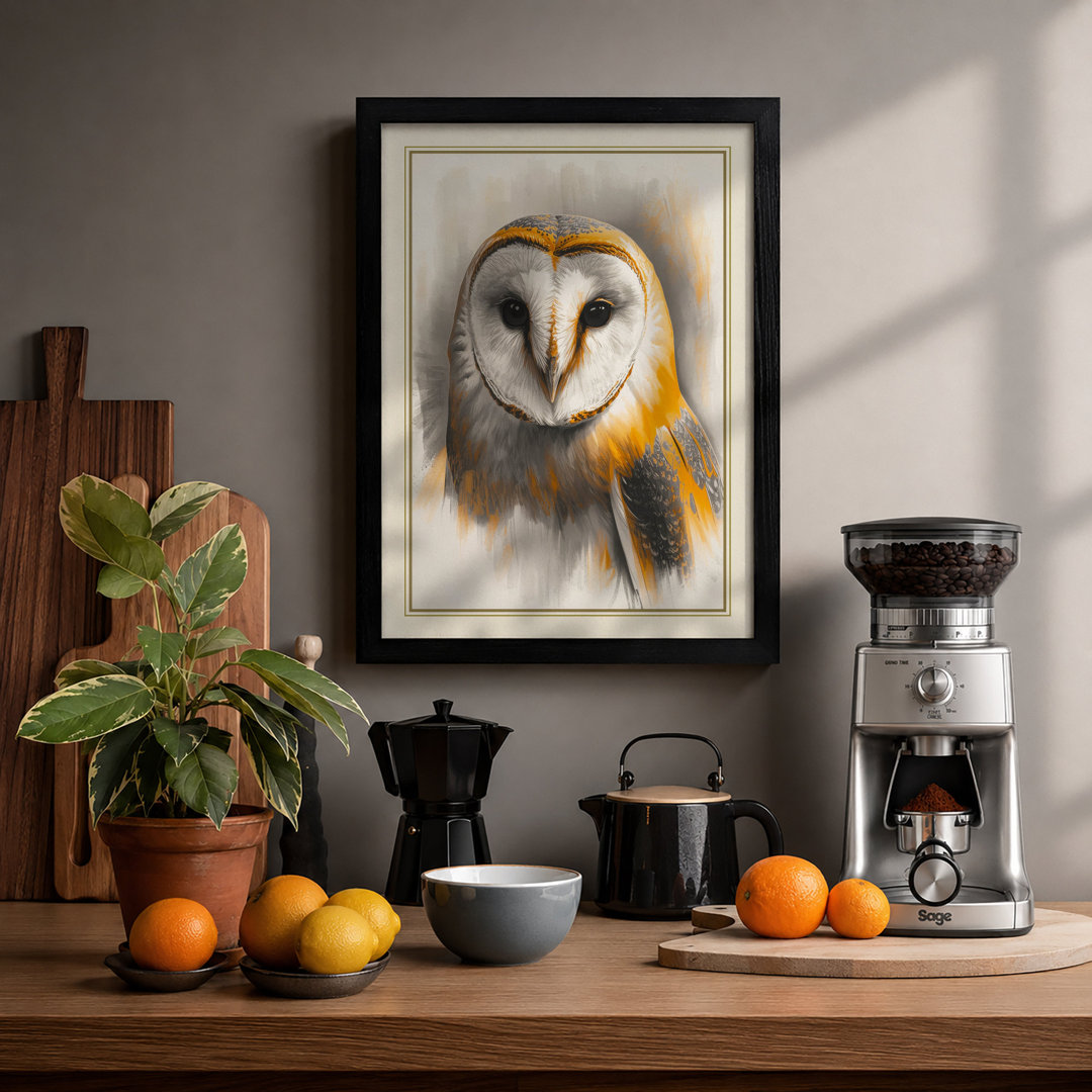Barn Owl Portrait Japandi - Framed Print