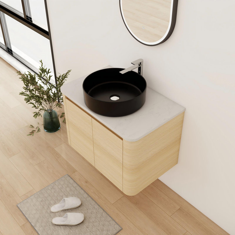 Meuble-lavabo flottant simple 30 po avec comptoir en céramique, Noir mat, 30", Beige