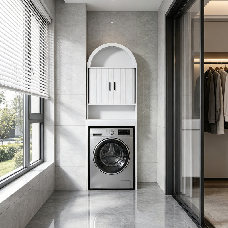 Armoire de rangement arquée au-dessus de la toilette avec 2 portes coulissantes et tablette réglable anti-basculement, blanc