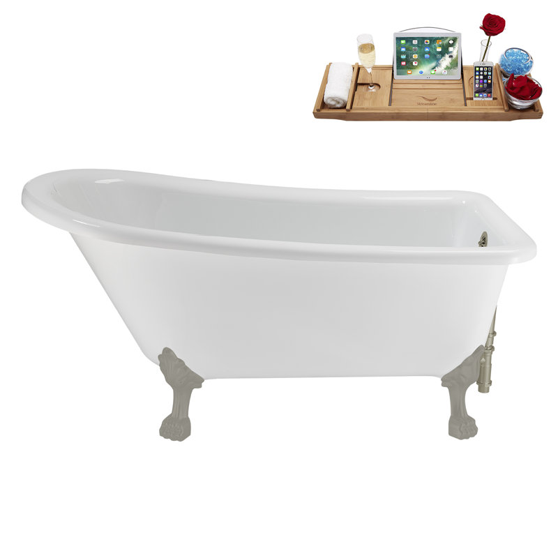 58" Streamlin Clawfoot Tub,Tray,Drain, Clawfeet, Brushed Gun Metal, Brushed Nickel