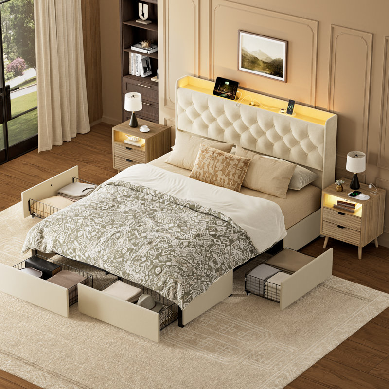 3 Piece Bedroom Sets, Upholstered Bed with 4 Drawers, Set of 2 Multifunctional Storage Nightstands, Beige/Oak, King
