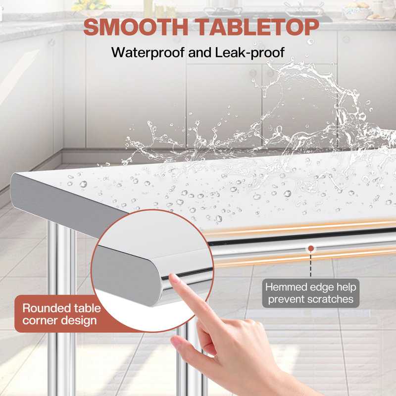 Table de préparation et de travail en acier inoxydable avec tablette et pieds réglables, L 96 po x l 30 po, L 96 po x l 30 po