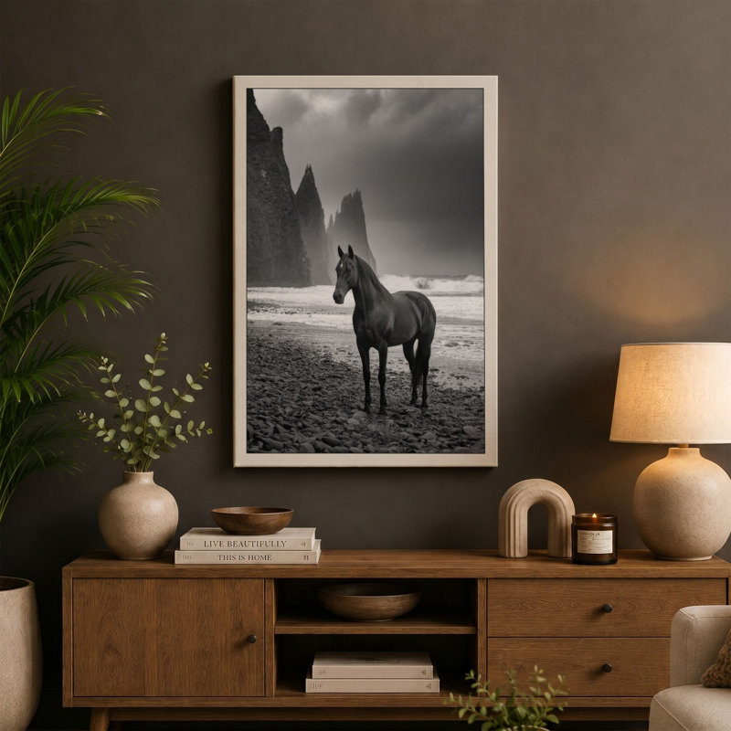 Horse on Rocky Shore Coastal - Wrapped Canvas, 30x20 - 76.2 x 50.8 cm, Taupe Border
