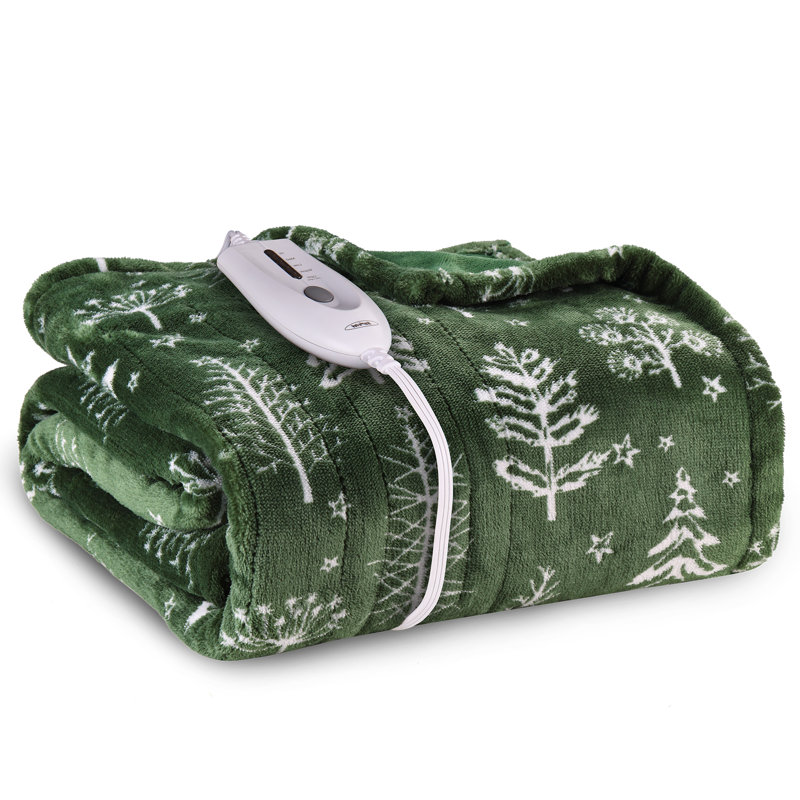 Couverture chauffante électrique en flanelle avec 4 niveaux de chauffage, Plaids, Vert/blanc, Floral