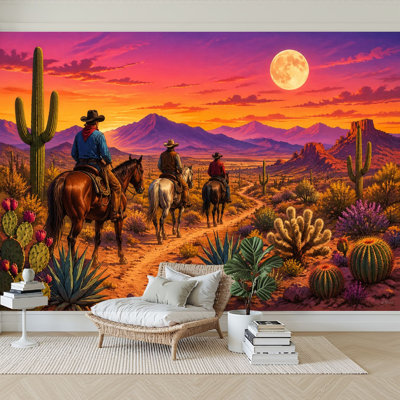 Wall Mural Peel and Stick Wallpaper Desert Cowboys Riding Horses Sunset Full Moon Western Self-Adhesive Removable Contact Paper Wall Decor for Living Room Bedroom 100"H x 144"W