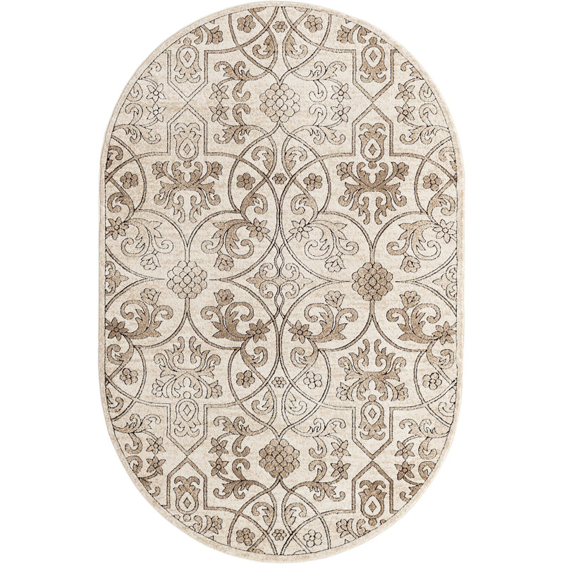 Dathon Floral Area Rug in Bone, Oval 5'3" x 8'