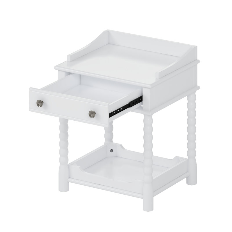 Retro Style Nightstand With Drawer And Open Shelf For Bedroom, Bedside Table With Turned Legs And Metal Handle,White