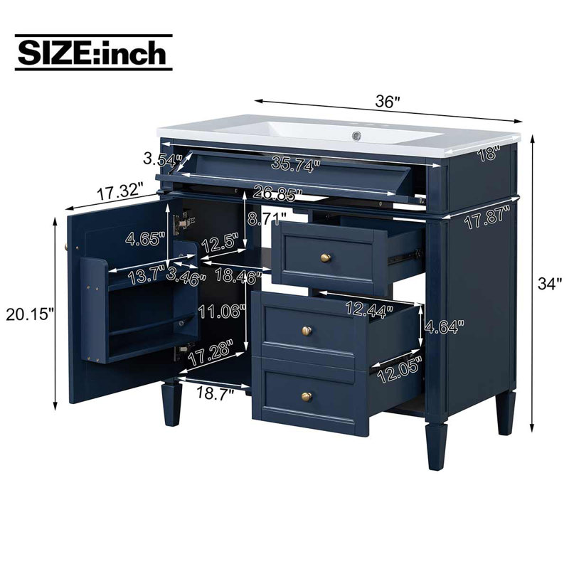 Meuble-lavabo de 36 po avec lavabo supérieur, Bleu
