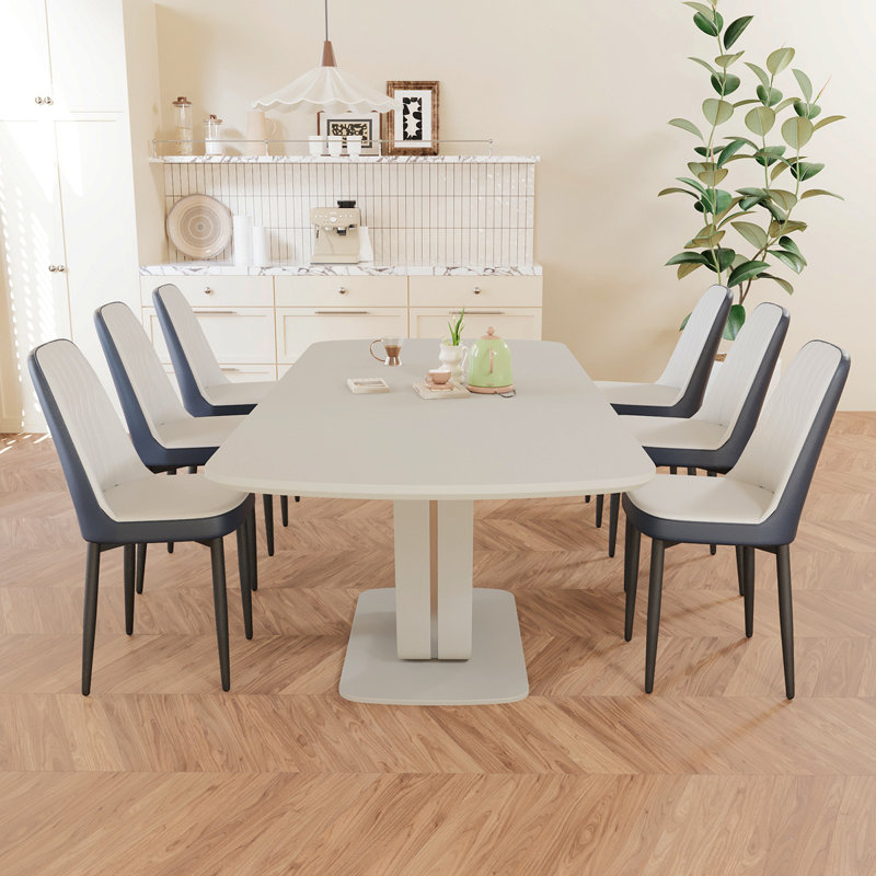 Ensemble de table de salle à manger extensible de 62,99 à 78,74 po pour 2 à 8 personnes, équipé de 6 chaises de salle à manger rembourrées en tissu polyuréthane épais, d'une table de salle à manger spacieuse, d'une table et de chaises de cuisine, avec des pieds en U