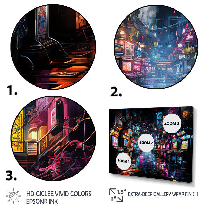 Neon Arcade - jeu vidéo grand art mural, Cadre flottant noir, H 24 po x l 32 po x P 1 po