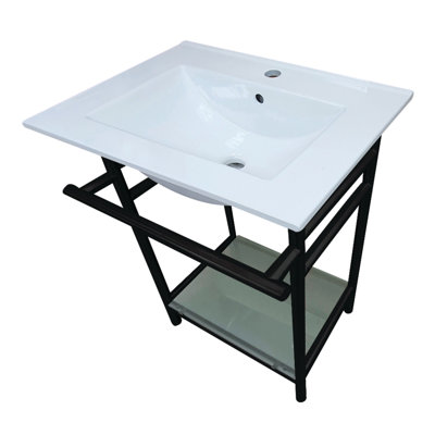 Lavabo console Kingston en céramique Sheridan 24 pouces avec pieds en acier inoxydable et tablette en verre (1 trou) Kingston