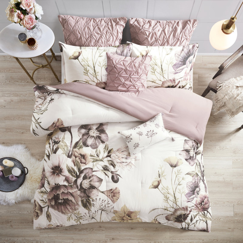 Édredon très grand - rosé - 8 pièces en coton avec de grands coussins décoratifs floraux et rembourrés, Blush