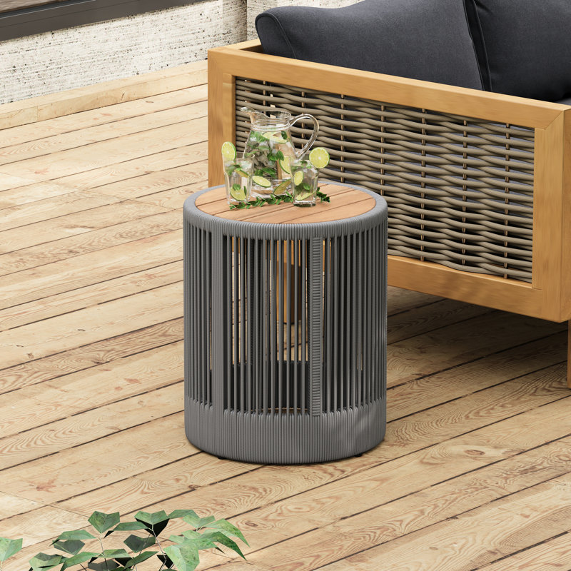 Méridienne: méridienne avec corde grise, table d'appoint tissée ajustable et compacte, corde confortable près de la piscine pour la terrasse: coussins en bois d'aspect meuble, conception portative