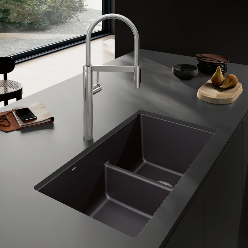 Precis SILGRANIT 33" L x 18" W Double Bowl Undermount Kitchen Sink with Low Divide, Cinder