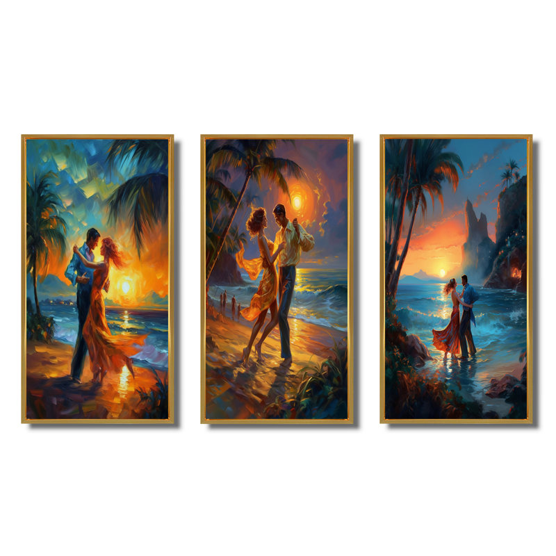 «The Couple's Dance Of Love», 3 pièces sur toile, Cadre flottant doré, H 28 po x l 36 po