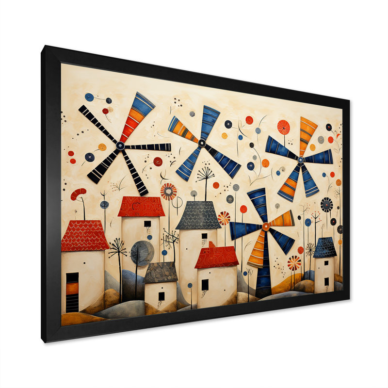 Folk Art Wind Turbines Village IV - Wind Turbines Wall Art, Cadre d'angle fermé noir, H 12 po x l 20 po x P 1 po