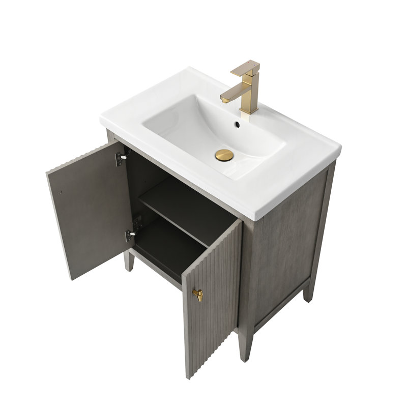 Meuble-lavabo simple pour la salle de bain avec plateau en céramique, Doré brossé, Gris flottant linéaire, 30"