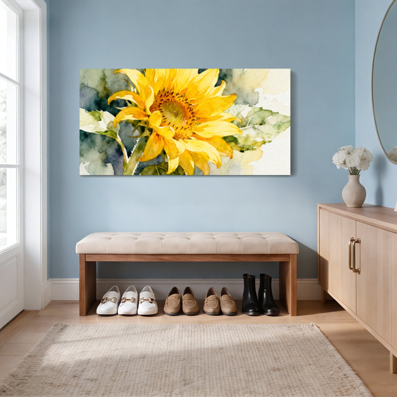 Ensemble de 1 tableau mural floral aquarelle tournesol sur toile tendue, H 28 po x l 58 po