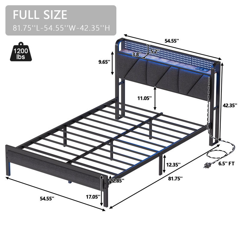 Platform Bed Frame with Storage, RGB LED Lights and Charging Station,Bed with Upholstered Headboard,Full, Full