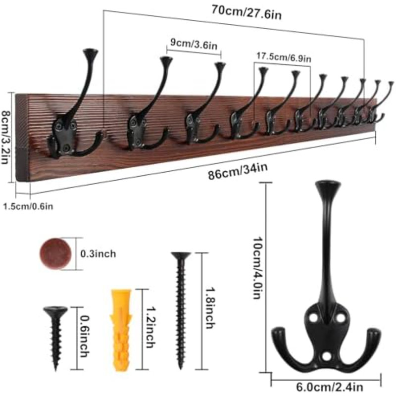 Brown Wood Wall Mounted Coat Rack, 34" Long with 10 Black Tri-Hooks | Burnt Finish Heavy Duty Wood Coat Hanger, Rustic Coat Hooks Rail for Entryway, Living Room, Coat, Scarf, Bag, Towel, Hat