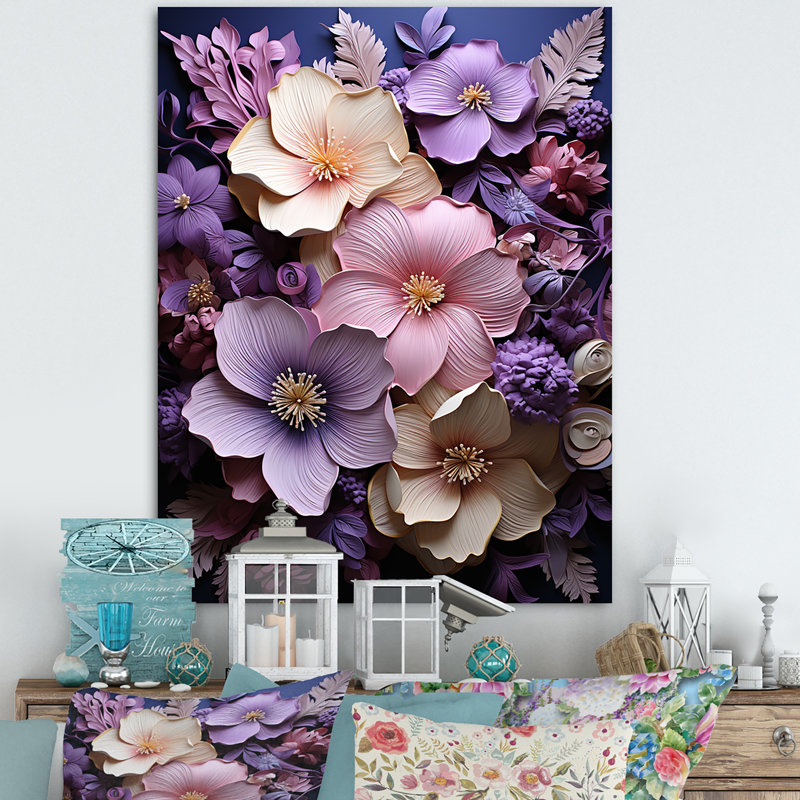 Papier mâché, fleurs d'hibiscus aux teintes améthyste, impression sur toile, Cadre photo argenté, 32" H x 16" W