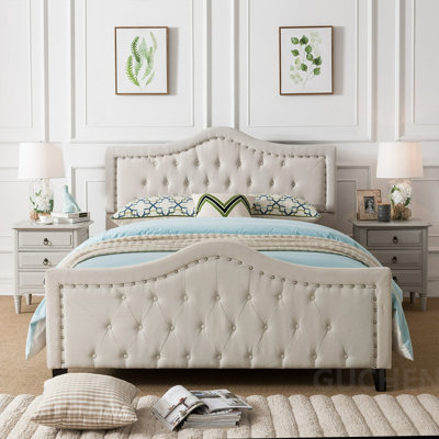 Upholstered Queen Size Platform Bed Frame with Arched Nailhead Decor, Button Tufted Design, No Box Spring Needed, Easy Assembly
