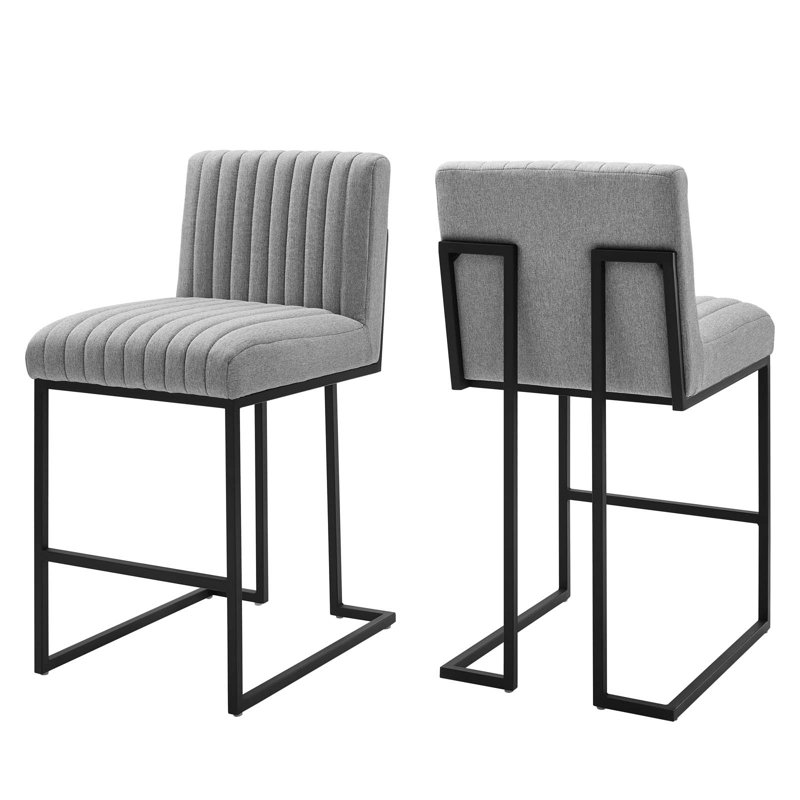 Indulge Channel Tufted Fabric Counter-Height Bar Stool by Modway, Light Grey Velvet, Bar Stool (26.5" Seat Height), 2