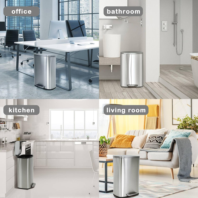 Silver Stainless Steel 13 Gallon Pedal Trash Can with Removable Lid