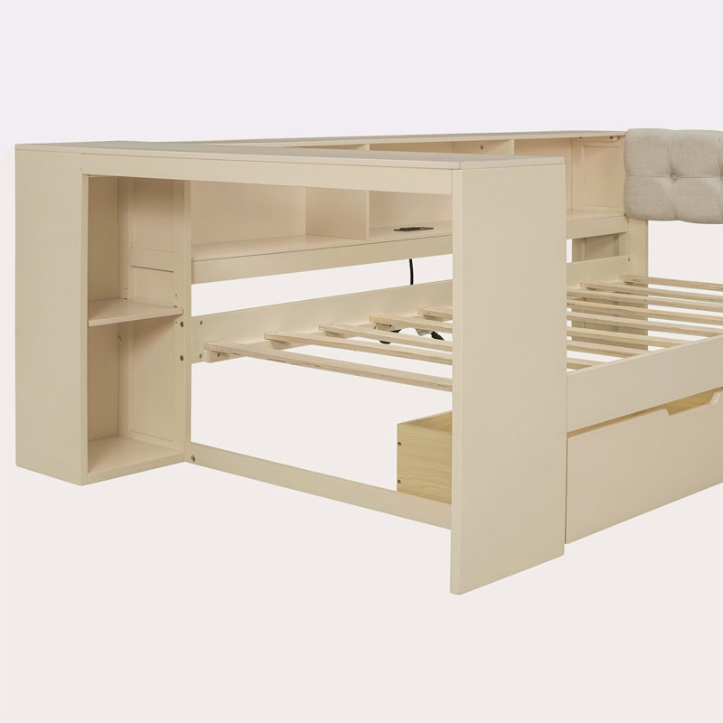 Lit plateforme en bois avec tablettes de rangement, tiroirs, station de charge et tête de lit tapissier, Lit simple