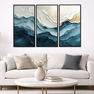 Ensemble 2 pièces d'art mural «White and Blue Marble Wave II»