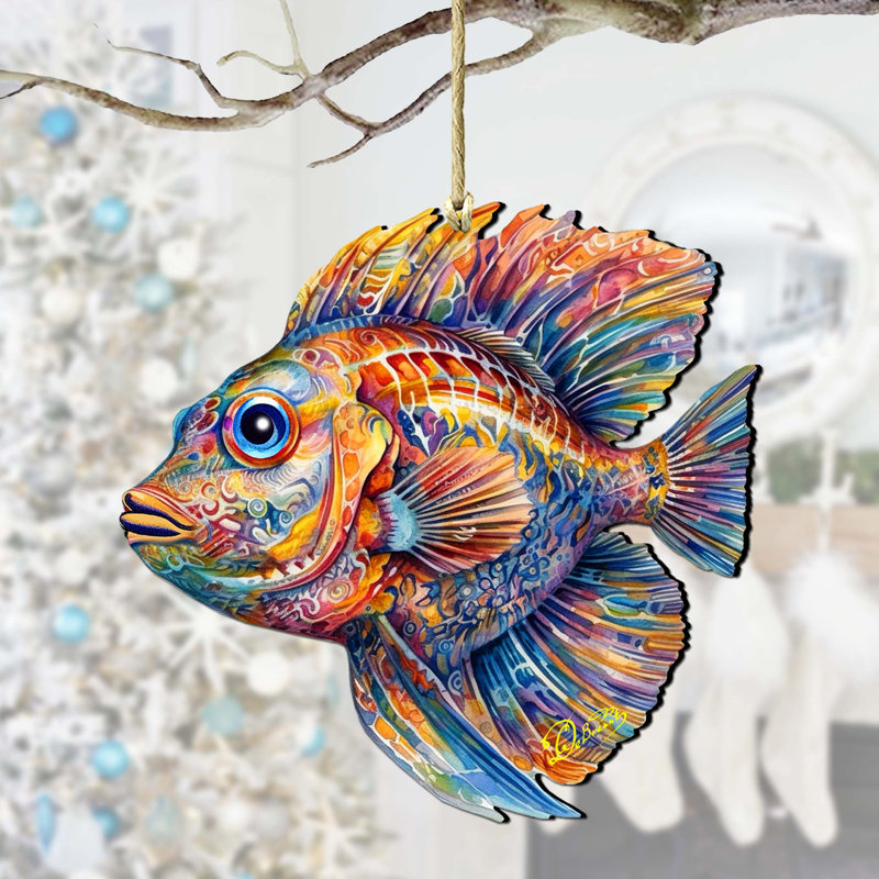 Décoration de Noël nautique - ornements en bois de poissons colorés par G.Debrekht