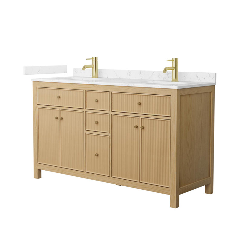 Pendry 60" Freestanding Double Bathroom Vanity with Cultured Marble Top, Brushed Gold, Carrara Cultured Marble, Tanned Oak