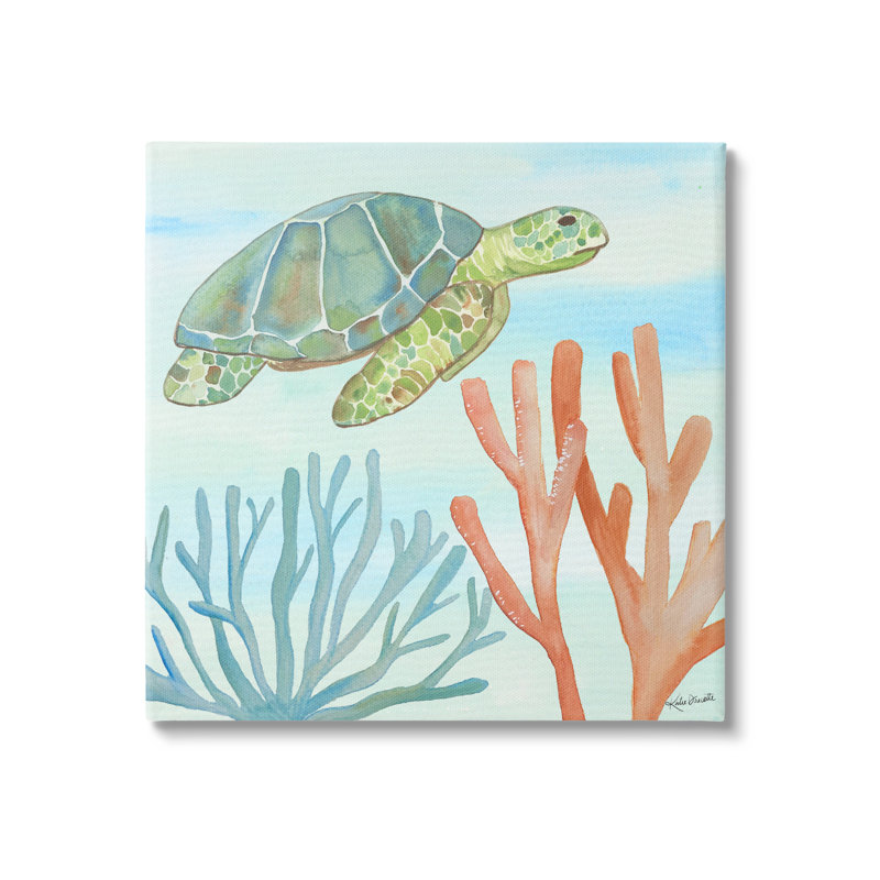 Tortue de mer verte flottant sous l'eau, corail blanc, estampe numérique encadrée, art texturé par Katie Doucette
