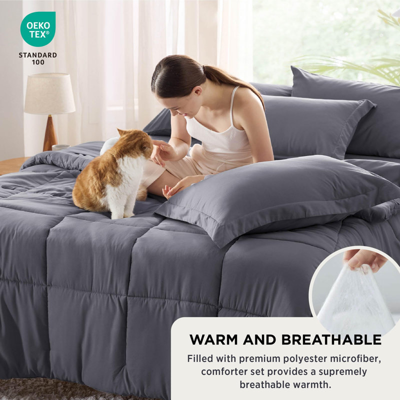 Bedsure Quilted Design Comforter Set, Queen Comforter + 6 Additional Pieces, Dark Gray