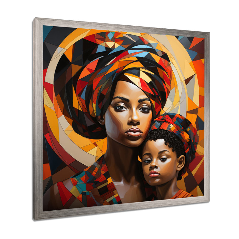 Orange orange, mère et enfant, lien II - art mural africain, H 36 po x l 36 po x P 1,5 po, Cadre simple argenté