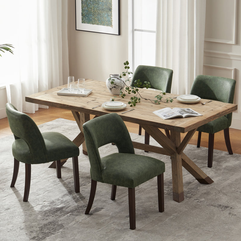 VKNOW Faux Leather Upholstered Dining Chairs Set of 4, High-Density Foam Cushion, Walnut Rubber Wood Legs for Dining Room, Bedroom, Green