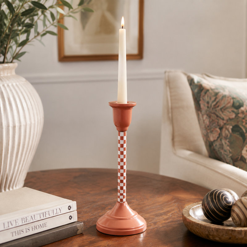 Hand-Painted Dusty Pink Aluminum Taper Candle Holder, 9.75" H x 4.25" W x 4.25" D