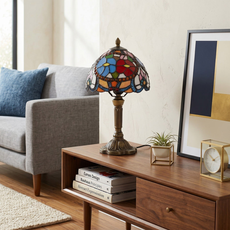 14.17 In Circle Bead Tiifany Style Table Lamp, Colorful Glass Shade Bedside Lamp (E26 Warm Bulb Included)