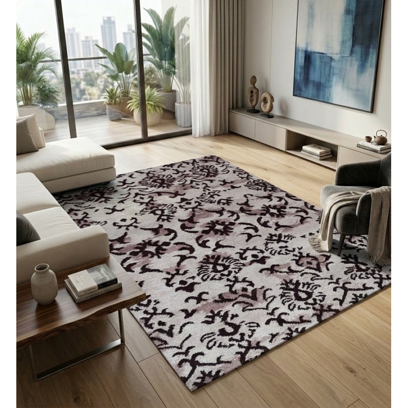 Tapis d'intérieur rectangulaire contemporain en soie beige et marron, noué à la main, Rectangle de 5 pi x 8 pi