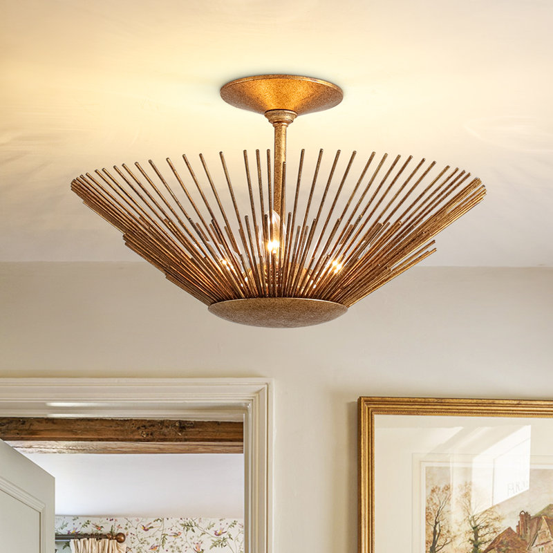 3 - Light Art Deco Conical Gold Leaf Basket Sunburst Semi Flush Mount