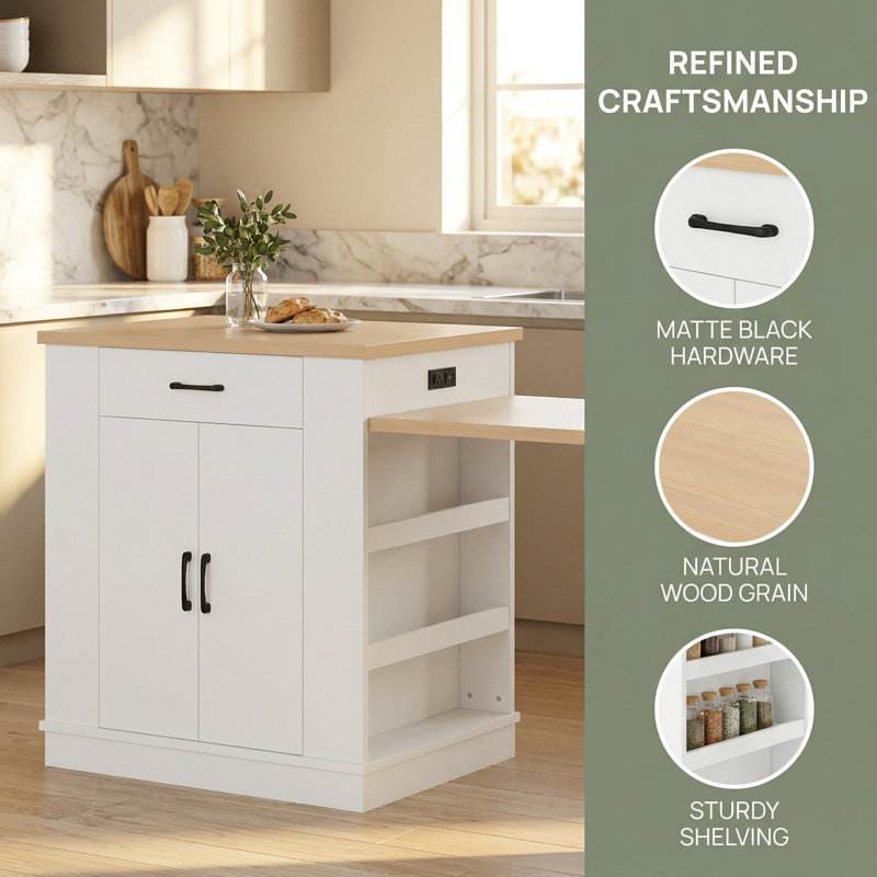 80" Extendable Kitchen Island with 2 Drawers, Double-Door Cabinet, 8 Open Shelves, Breakfast Bar & Dining Table Function